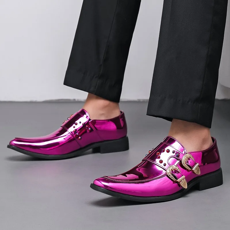 New Men's Shoes Golden Pointed Leather Shoes Pink Enchantress Charm Fashion Formal Attire Wedding Party Shoes Men Large Size 46
