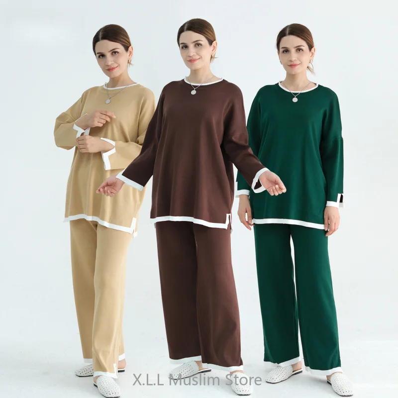 Women's 2-piece Muslim Pants Set Winter Clothes Thickening Knitting Suits Loose Sweater Wide Leg Pants Trousers Two-Pieces Set