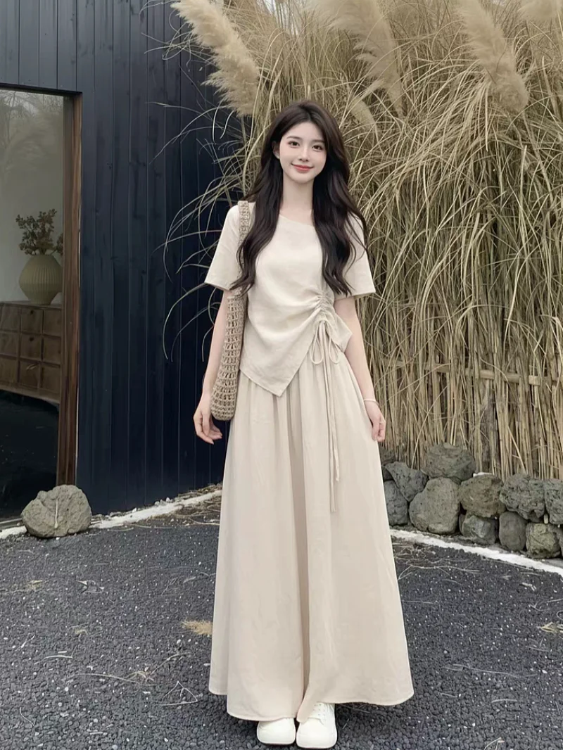Korean Sweet Style Short Top High Waist Waist Cinched Long Skirt Two Piece Set Summer Atmosphere Clothing Handmade Sewing