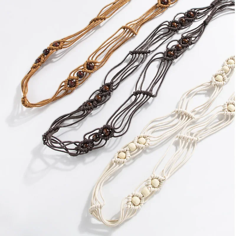 Fashionable Bohemian-Style Floral Knot Wooden Bead Women’s Belt  Braided Casual Ethnic Resort-Style Elegant Waist Cord