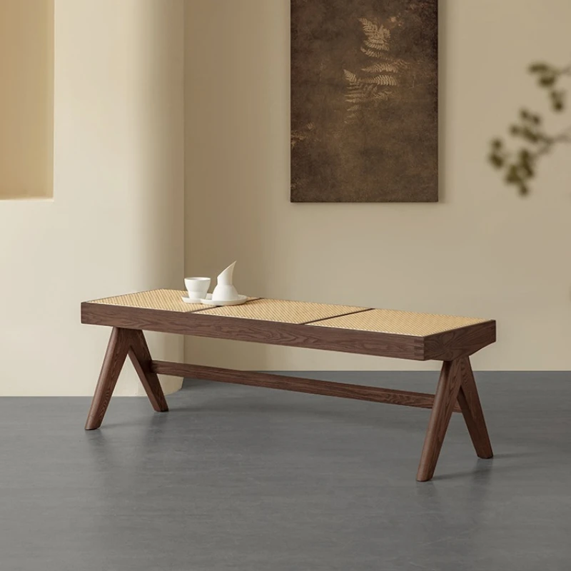 

Rattan Bench Walnut Wabi Wind Restaurant Solid Wood Weaving Bench Bedroom Side Shoe Changing Stool