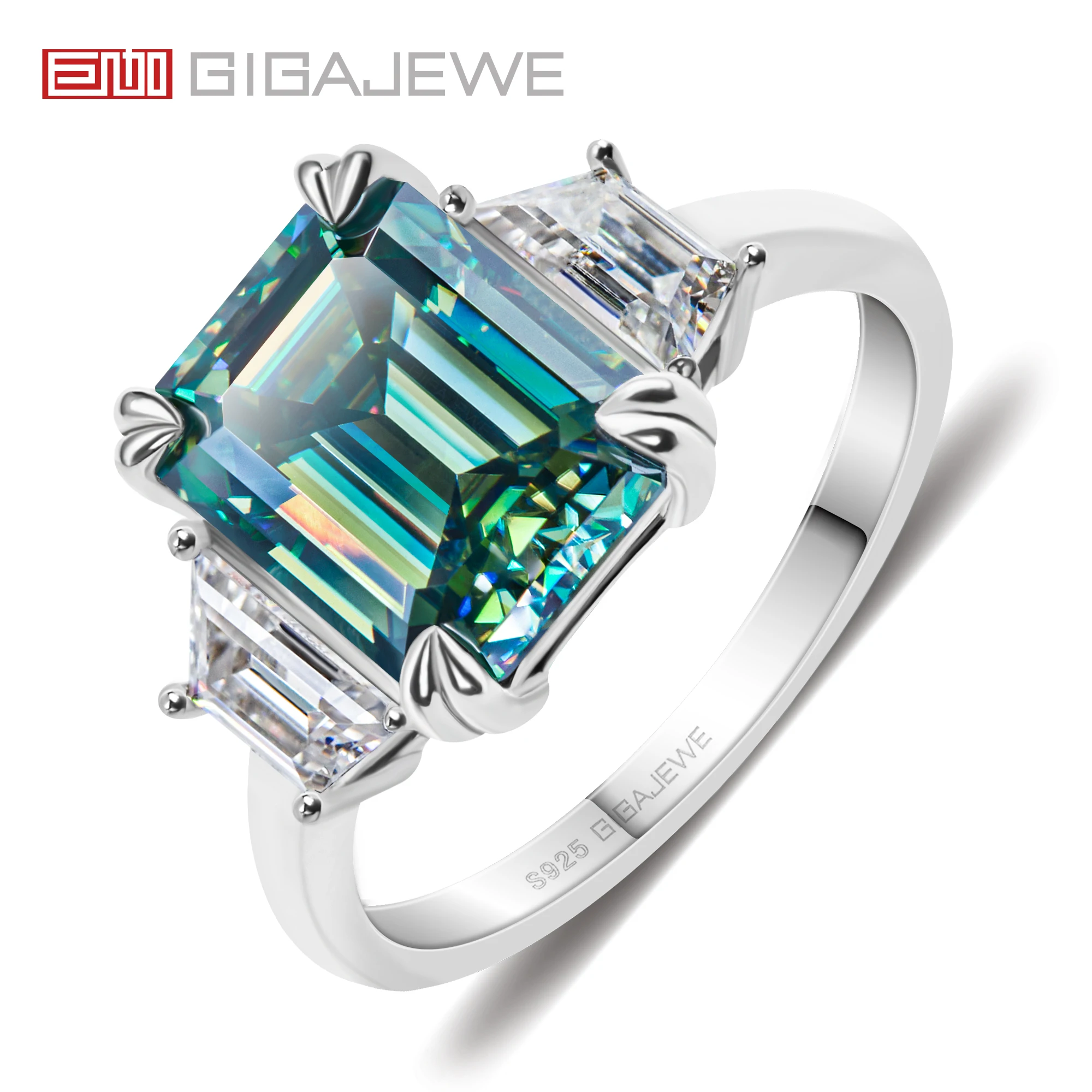 GIGAJEWE Moissanite Emerald Cut Natural Cyan 8X10mm 4.0ct S925 Silver Ring Diamond Test Passed Woman Wife Gift With GRA