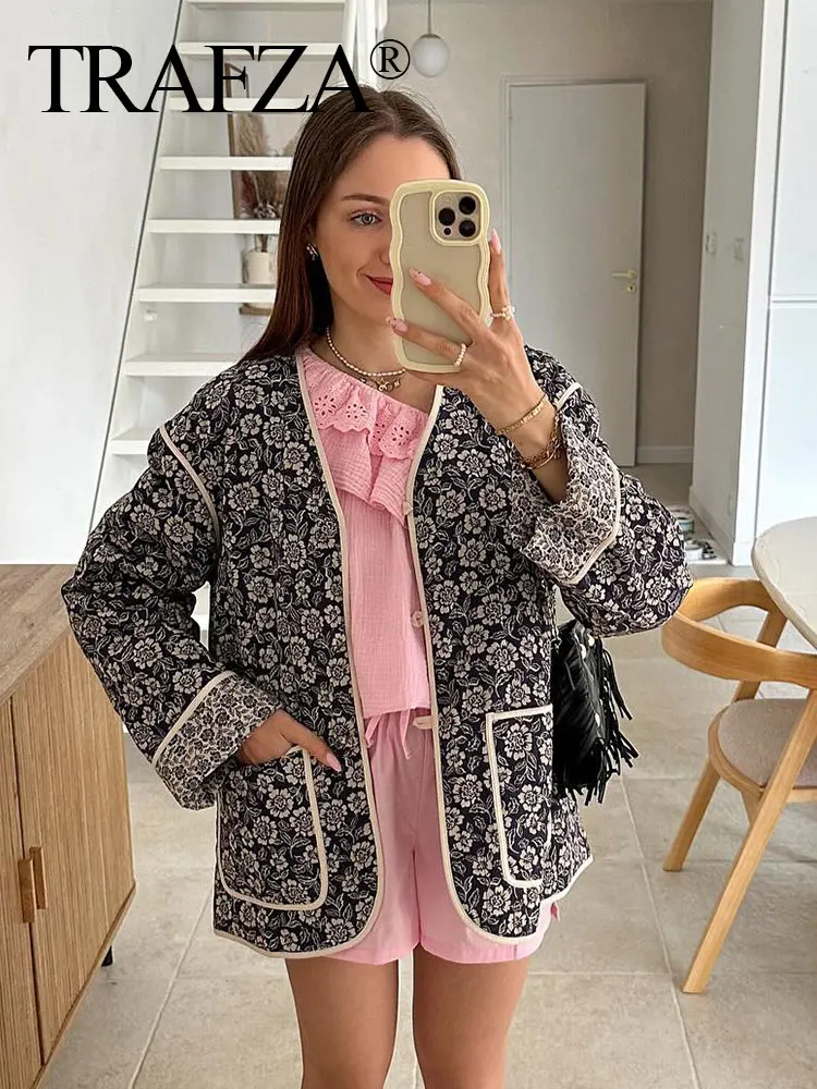 TRAFZA Women Elegant Flower Print Reversible Coat 2024 Autumn Long Sleeve Cardigan Jacket Vintage Fashion Loose Casual Outerwear