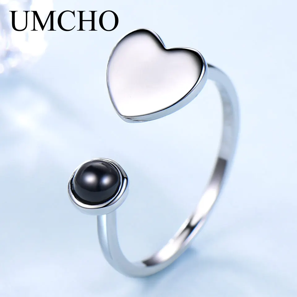 

Natural Black Agate Ring Opening Rings 925 Sterling Silver Ring for Women Heart Ring Valentine's Day Gift