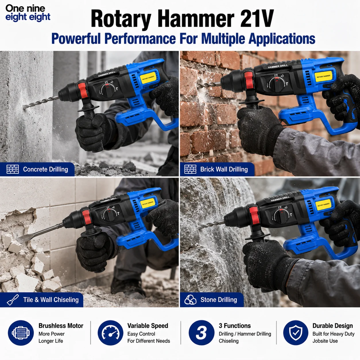 21V Brushless Cordless Drill Rotary Hammer 3-Function High Impact Power Tool for Concrete Wall Drilling