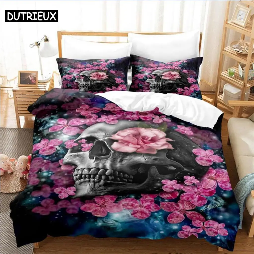 

Roses and Skulls All Season Twin Bedding Set Single Twin Full Queen King Size Bed Set Aldult Kid Bedroom Duvetcover Sets Anime