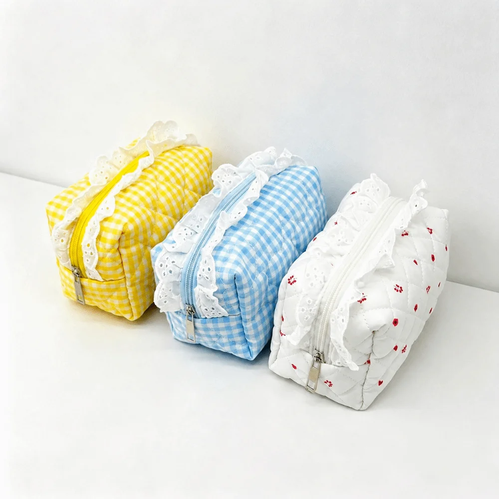 Large Capacity Cosmetic Bag Multifunctional Lace Ruffle Makeup Organizer Pouch Quilted Plaid Heart Pattern Travel Toiletry Bag