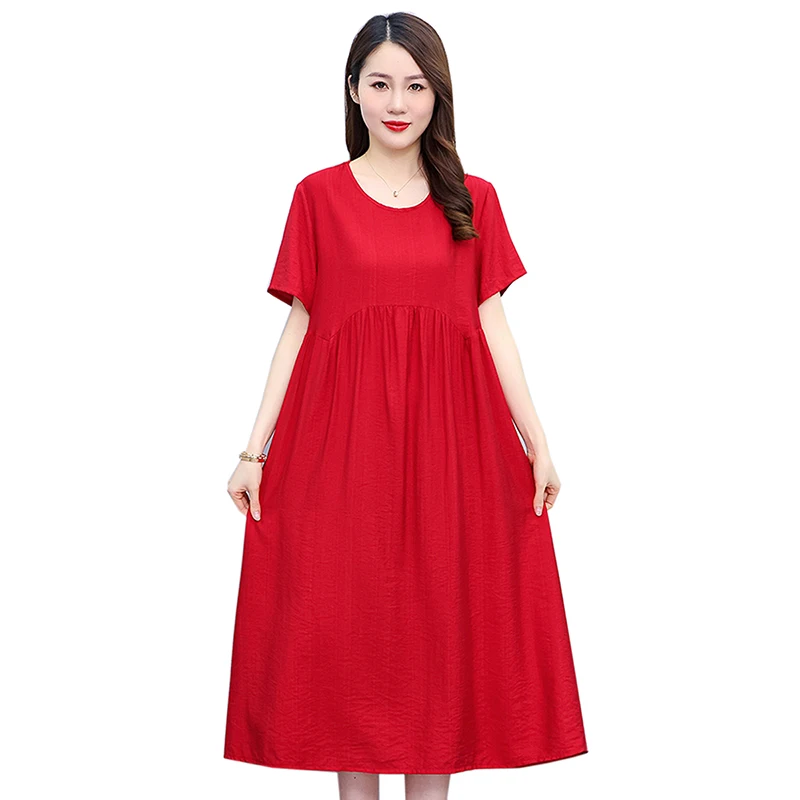 Vintage Solid colour Loose Dress Casual Short Sleeve Cotton and Linen Dress Women 2024 Summer new