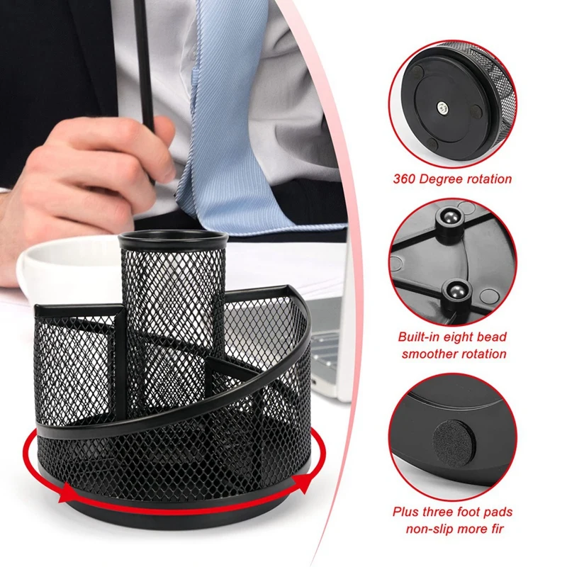 Pen Holder For Desk, Mesh Desk Organizer,360 Degree Rotation Rotating Black Metal Mesh Desktop Organizer, 5 Compartments