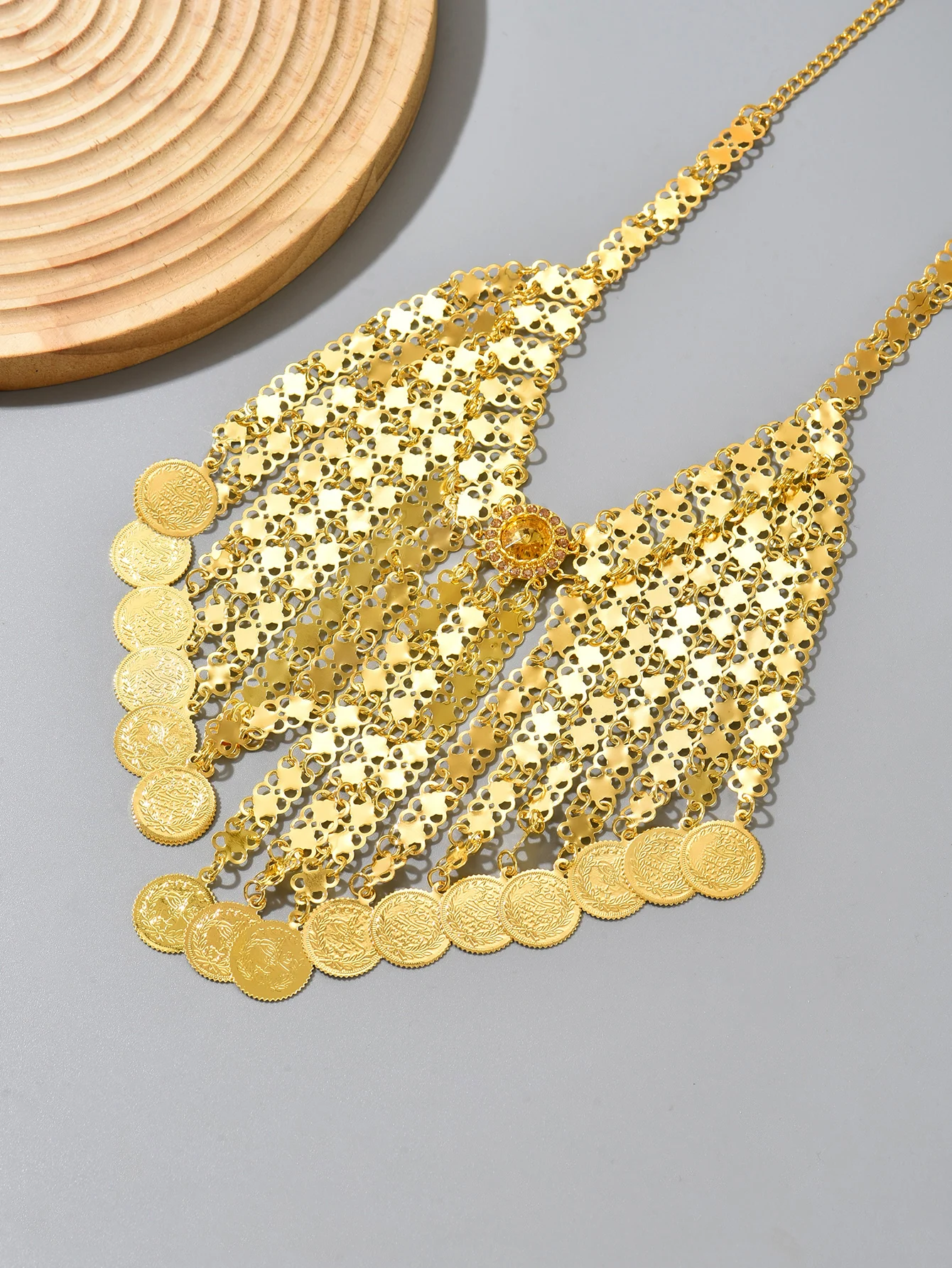 

Arabian Style Multi-Layer Tassel Necklace Gold Color Carved Hollow Design Sparkling Gem Pendant Retro round Decoration