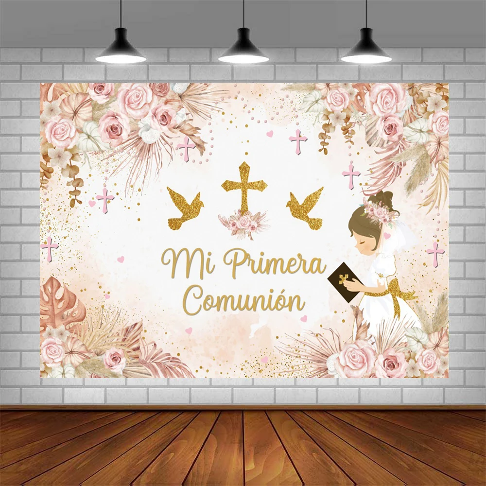 Fondo de fotografía de mi primera comunión para niños, telón de 6x4 pies, cáliz de crucifijo, brillo dorado, póster personalizado