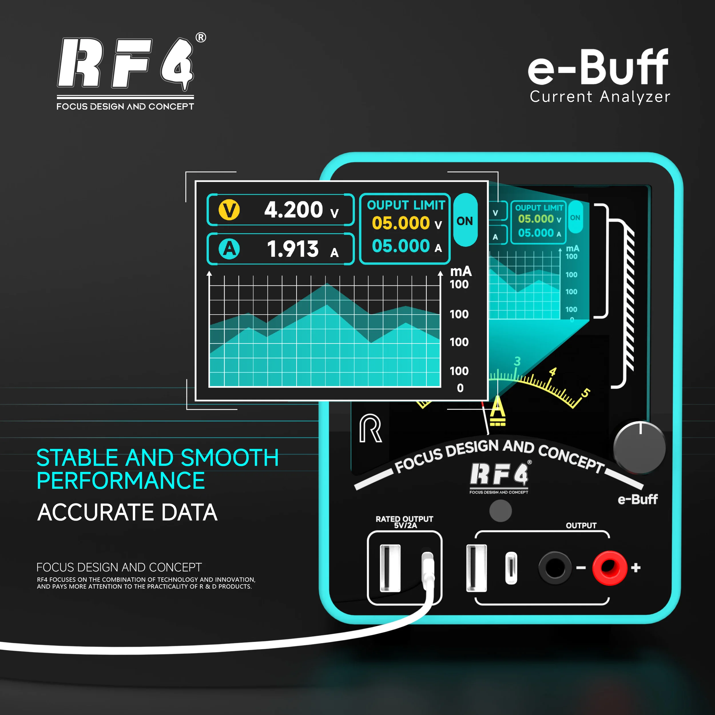 RF4 e-Buff 5V 2A Adjustable DC Power Supply with Current Analyzer Dual LCD Curve Display for Mobile Phone PCB Repair Tool