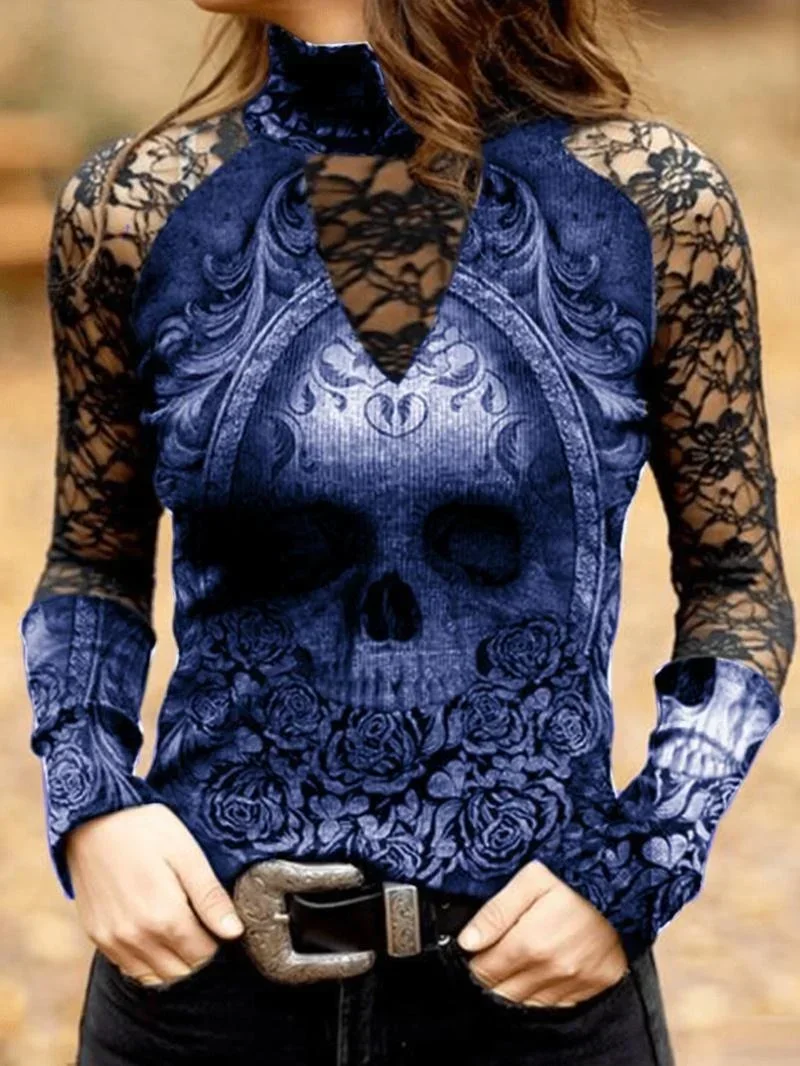 Gothic Skull Flower Tops Women Hollow Lace Long Sleeve Tee Sexy Girls Vintage Slim T Shirts