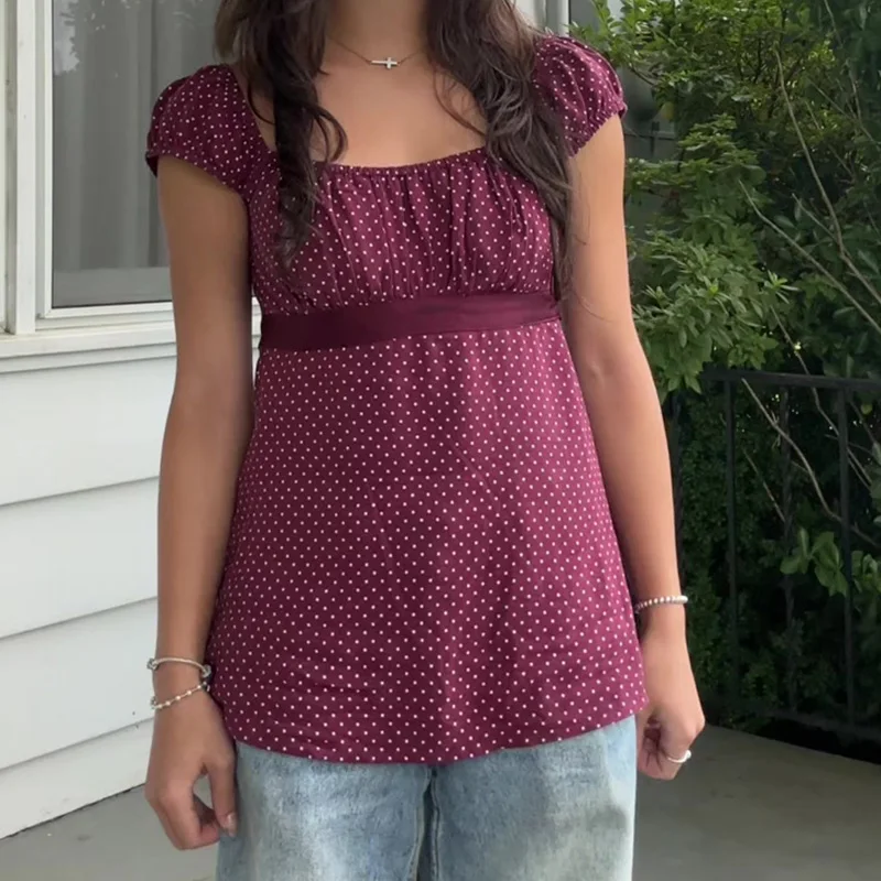 Preppy Vintage Y2K Aesthetic Tie Up T-shirt Teen Girl Square Collar Short Sleeve Milkmaid Tees Women Cutest Babydoll Crop Tops