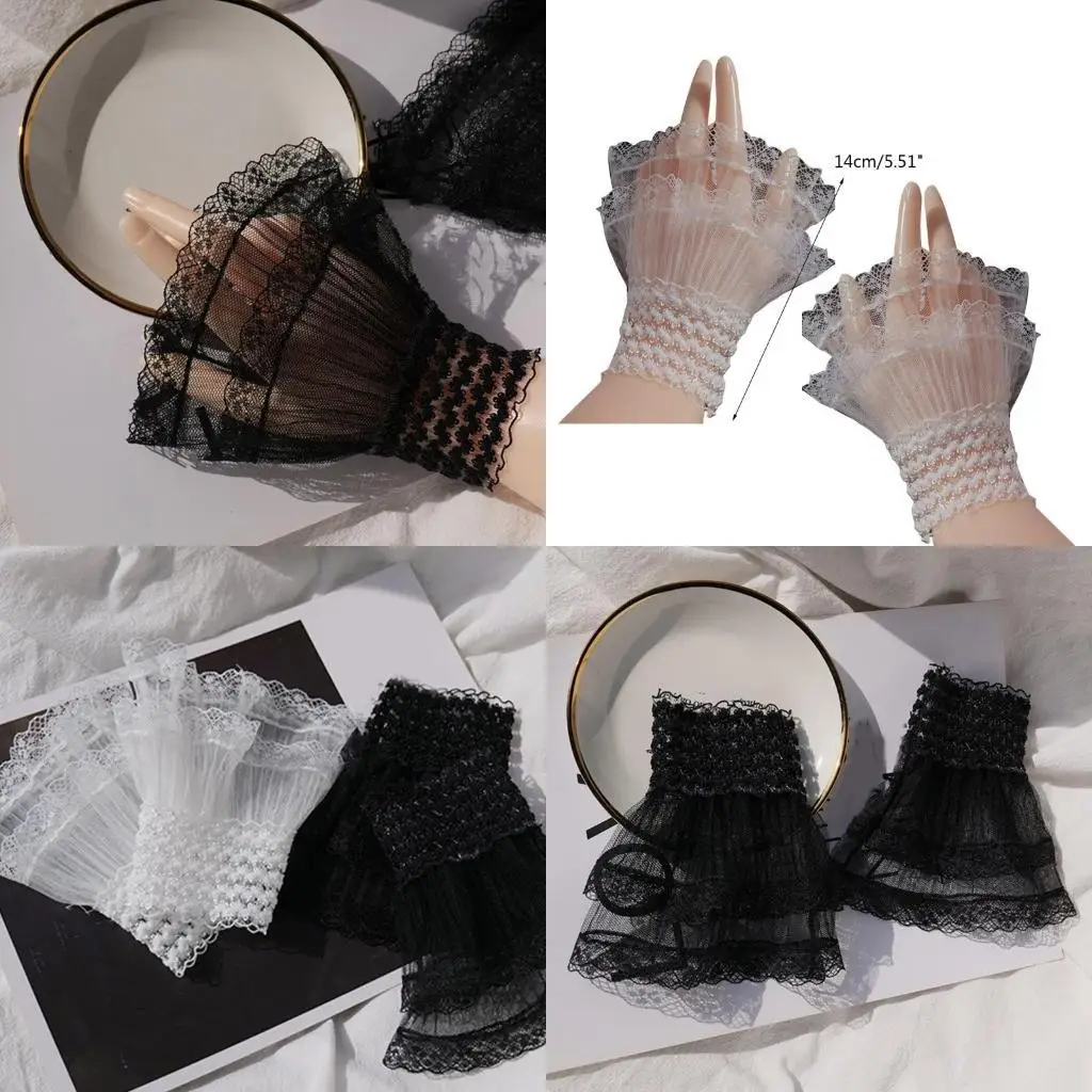 R1WE Decorated Cuffs Fake Sleeve for Wedding Dress Wild Decorative Lace Sleeves Flounces Wrist Sleeves Pleated Wrist Cuffs