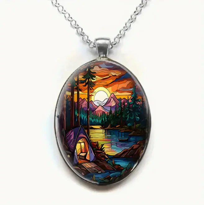 Oval Shaped Glass Pendant Necklace, Designed As A Tent Pattern Under The Sunset, Romantic and Beautiful