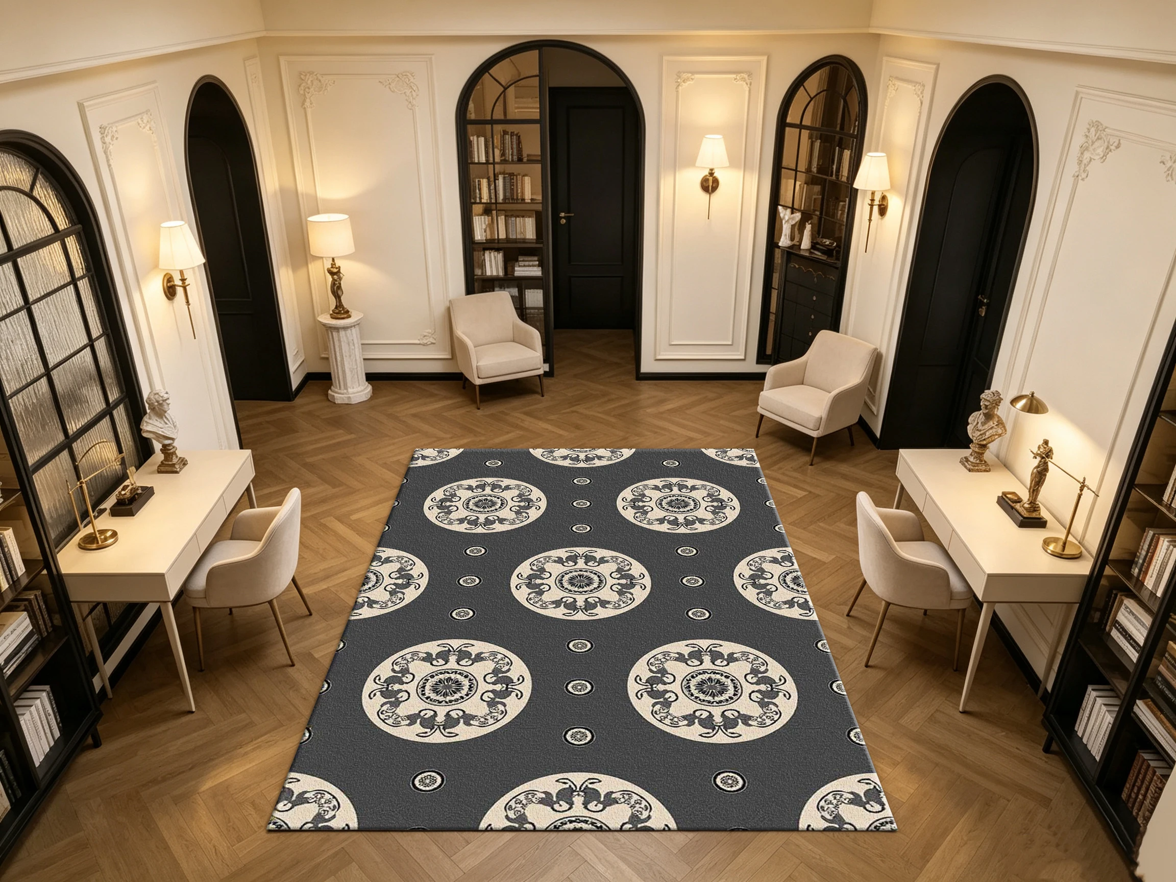 Dark Grey Beige Oval Medallion Vintage Carpet Flooring Classic Ornate Household Indoor Decor Floor Rug
