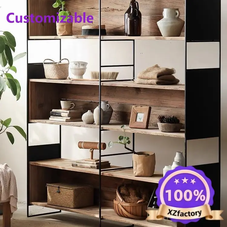 Factory Direct 2026 Top RatedWabi Sandy Wind Large Wrought Iron Solid Wood Display Cabinet Old Pine Three-grid Bookcase Vintage