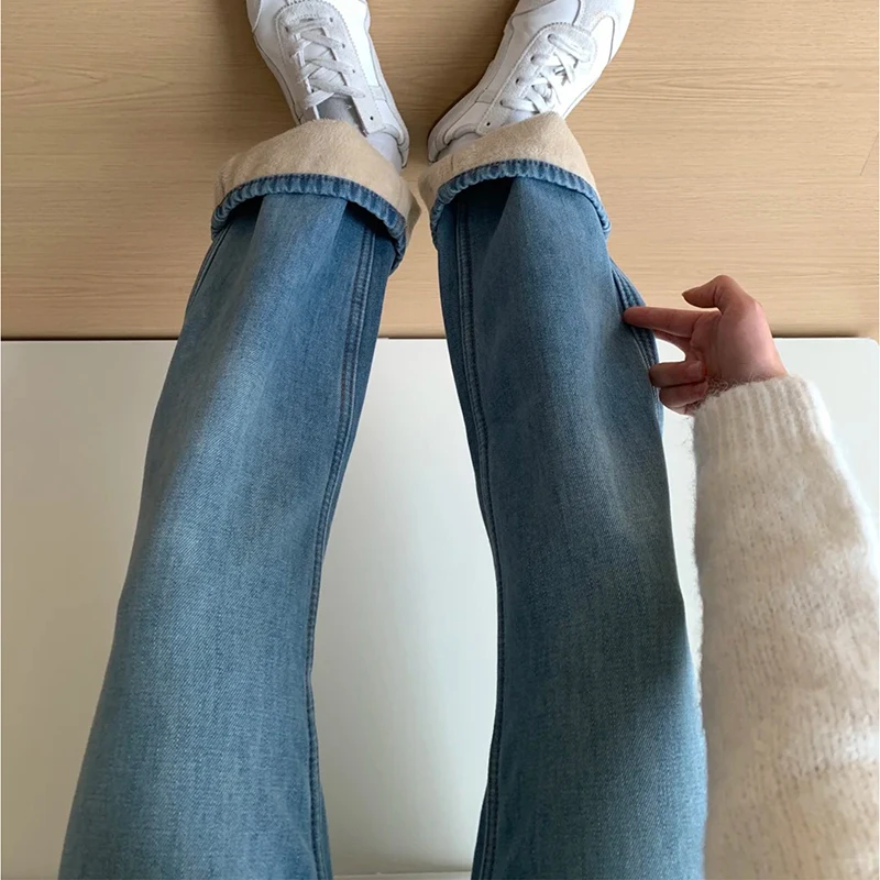

Женские джинсы с высокой талией и широкими штанинами на подкладке, свободные брюки длиной до пола, теплые утягивающие прямые брюки, зимние