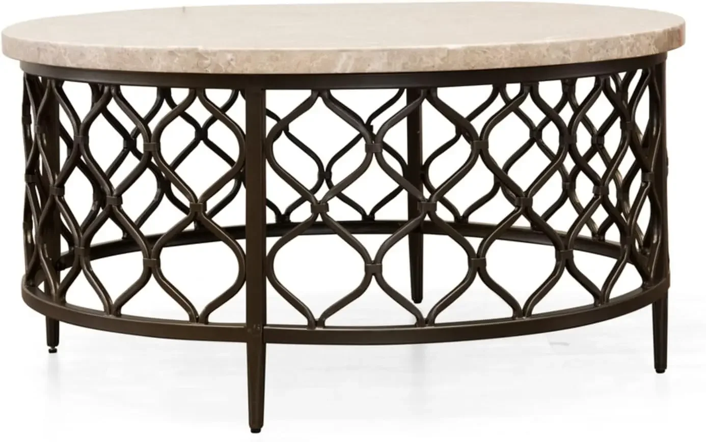 Roland White MarbleTop Cocktail Table Round Stone Bronze Metal Base Frame Coffee Modern Living Room