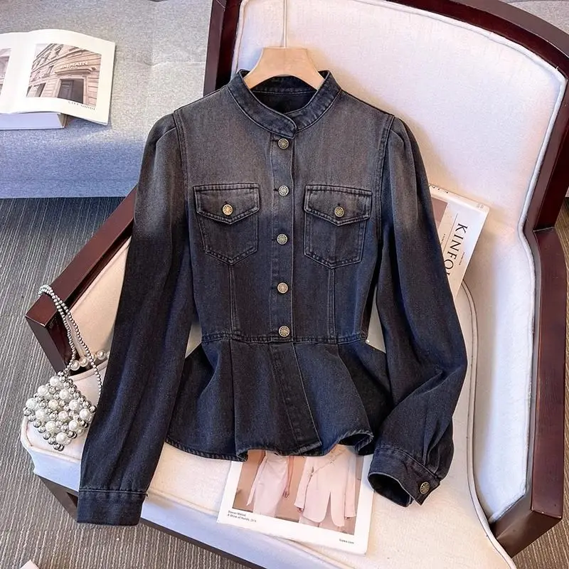 

Waist-Cinching Ruffle Denim Shirt Women's Spring/Autumn New Fashion Slim Jacket Top