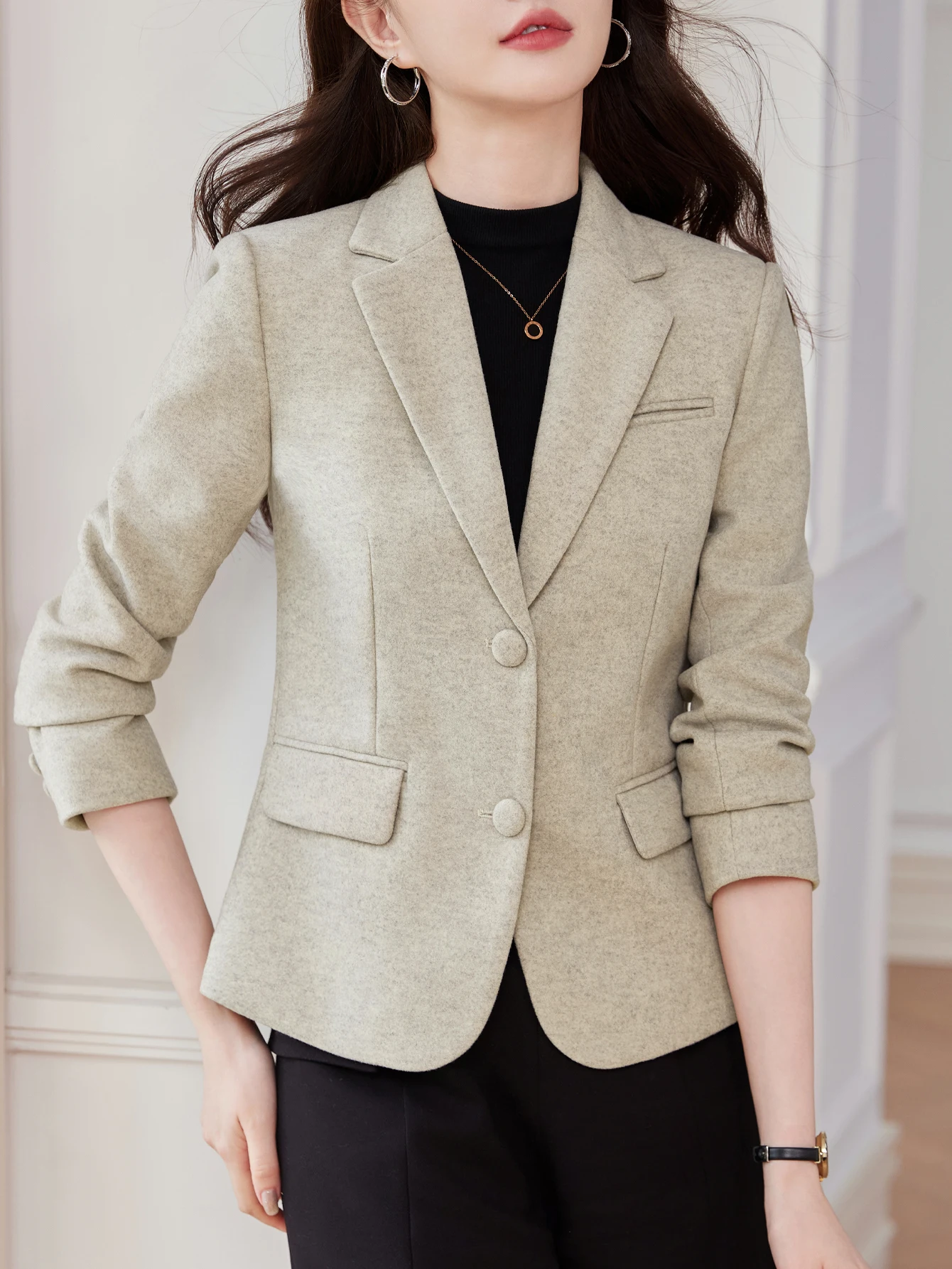 울 싱글 브레스티드 슬림핏 블레이저 - 다용도 고급 미니멀리스트 우아하고 편안한 출퇴근용 수트 재킷