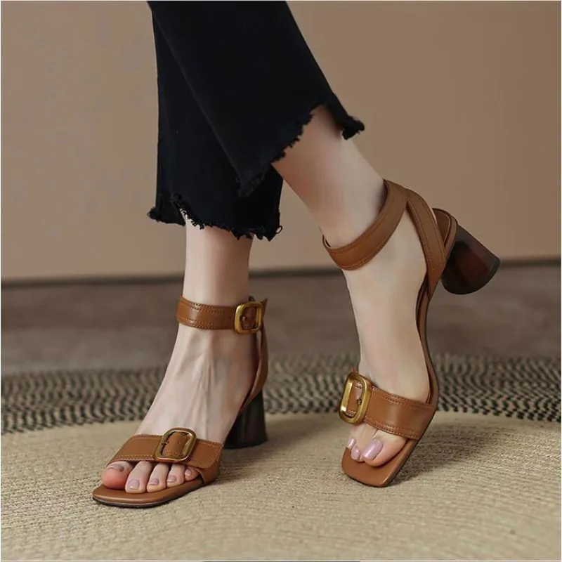 Ankle Strap Vintage Gladiator Sandals for Women Open Toe High Heels Sandalias De Mujer Belt Buckle Square Heeled Women Pumps
