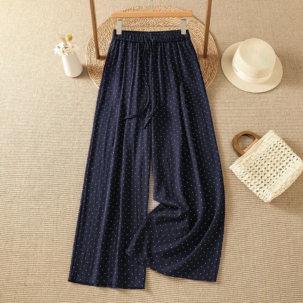 

Summer New Style Retro Small Polka Dot Elastic Waist Drawstring Loose Casual Wide Leg Pants for Women Skin-friendly Cotton