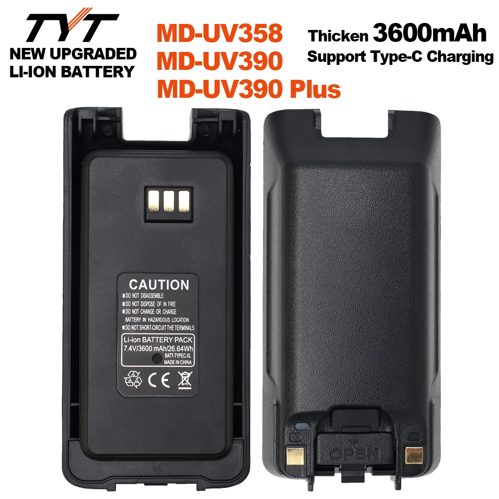 TYT MD-UV390 Plus Walkie Talkie Battery 3600mAh Support Type-C Charging Thicken Li-ion Battery for MD-UV390 MD-UV358 2Way Radios
