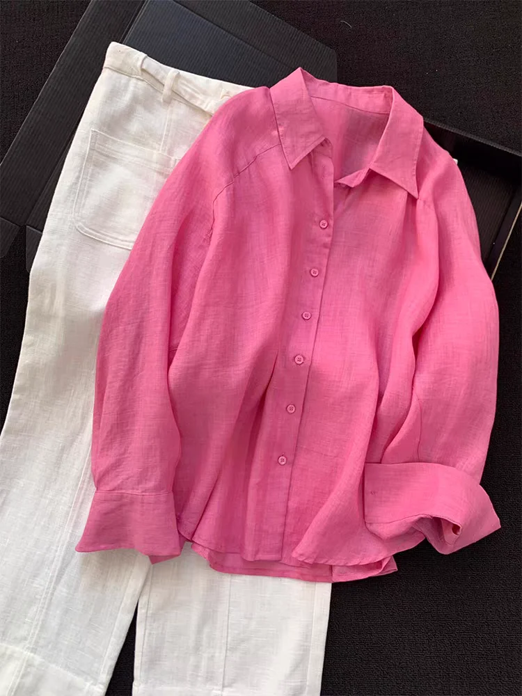 

Ретро Гонконг Sle Long Sve Linen irt Женский летний легкий свободный крой Lazy Sun Protection Top French Sle Loose P...