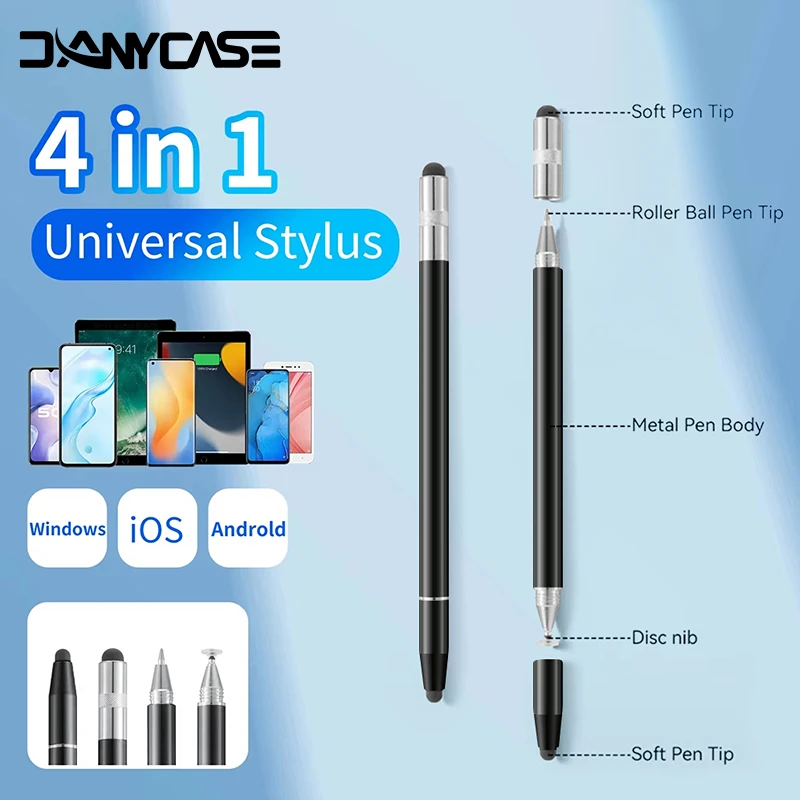 

4 In 1 Universal Stylus Pens Touch Pen High Sensitivity For Tablet Universal Pencil Capacitive Stylus Double Dual Silicone Head