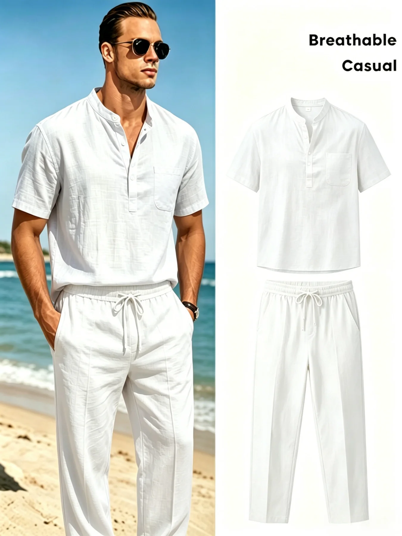 

mens cotton linen henley shirt and drawstring pants set breathable casual two piece outfit with chest pocket for summer beach