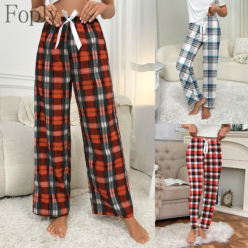

Women's Retro Drawstring Wide-leg Pants Plaid Casual Sleep Bottoms Elastic Waist Home Pants Soft Luxury Women Pajamas Trousers