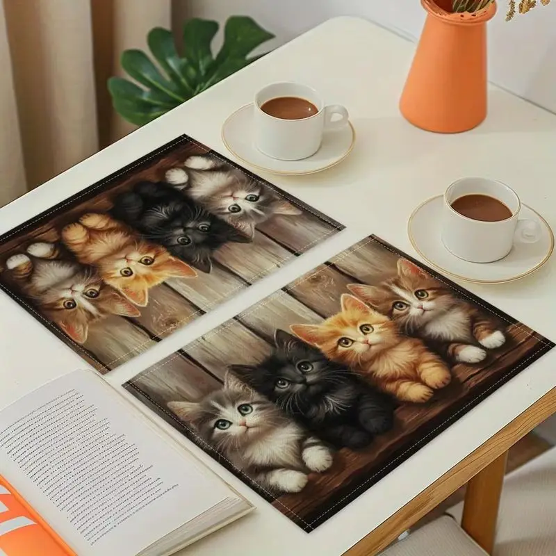 VIKAMA Lovely Kitten Cat Placemats Anti Slip Table Mat Animal Print For Farmhouse Dining Room Kitchen Home Table Decoration