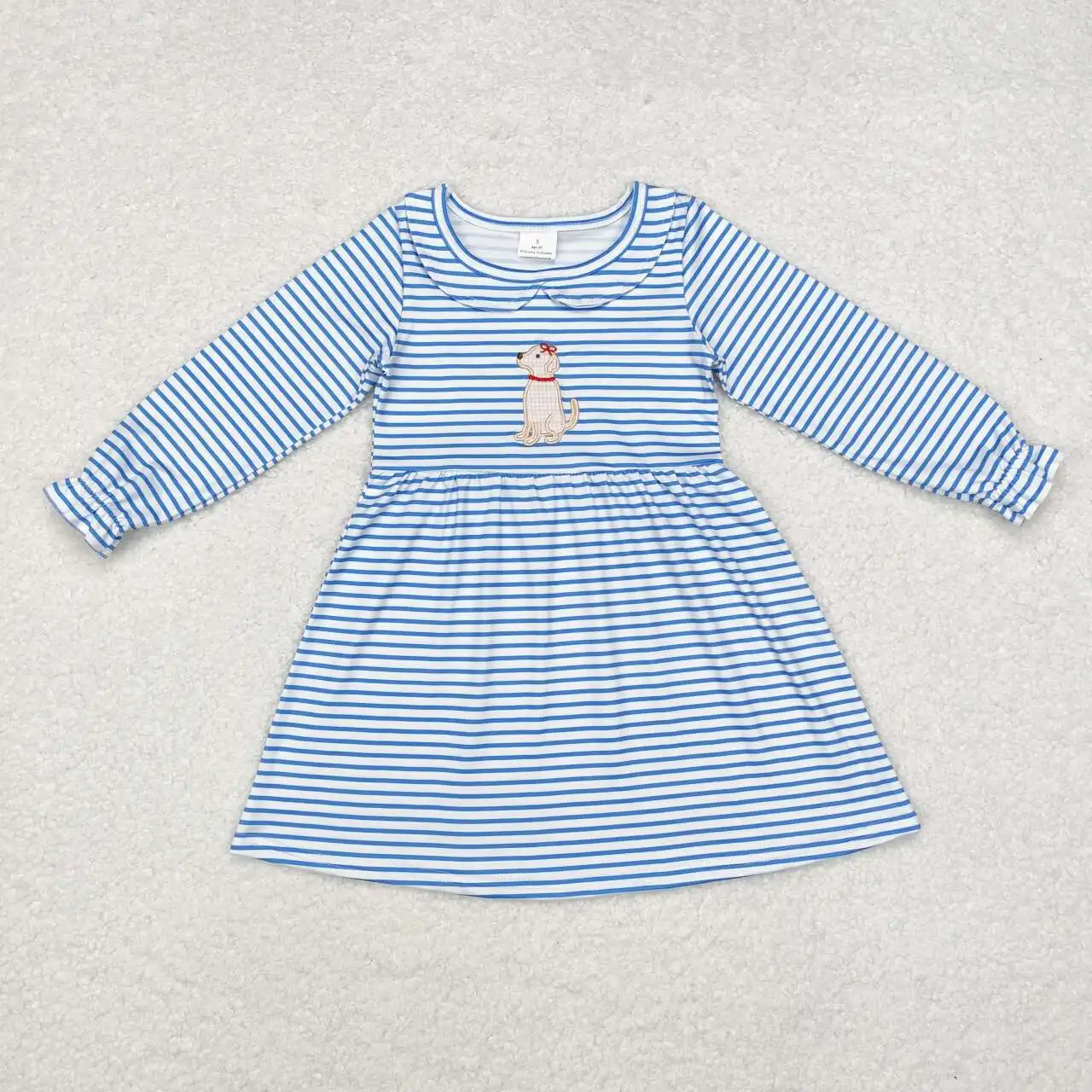 New Fashion Baby Girls Embroidered Puppy Stripe Doll Collar Blue White Long Dress Wholesale Boutique Children Clothes RTS Skirt