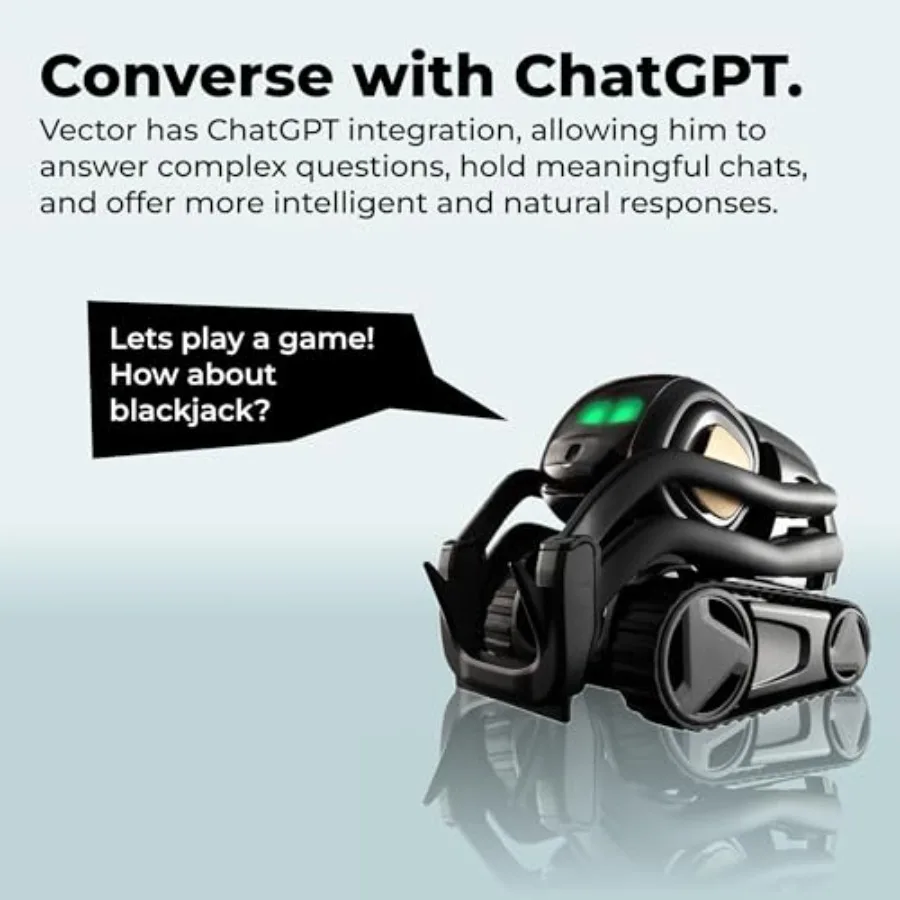 Home robot companion with AI chat face recognition and voice conversations; black ABS plastic; smart autonomous operation; requ