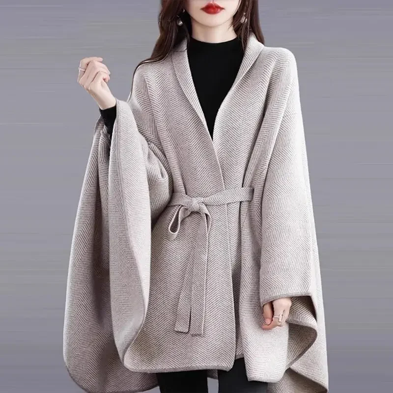 Cloak Shawl Jacket  Spring And Autumn Sweater Herringbone Lace-Up Loose Knitted Sweater Thickened Cardigan Beige Jackjet