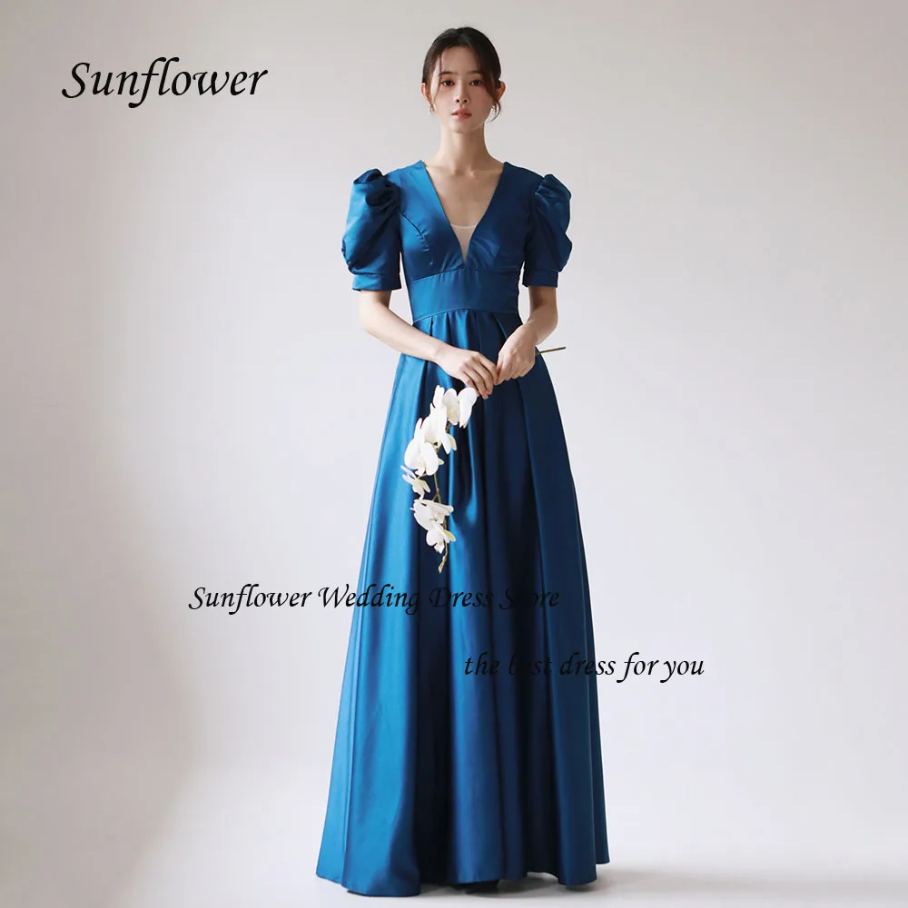 

Sunflower Deep V-Neck Evening Dress 2023 Korea A-LINE Slim Backless Satin Prom dress Lace Up Floor-Length Wedding Dress