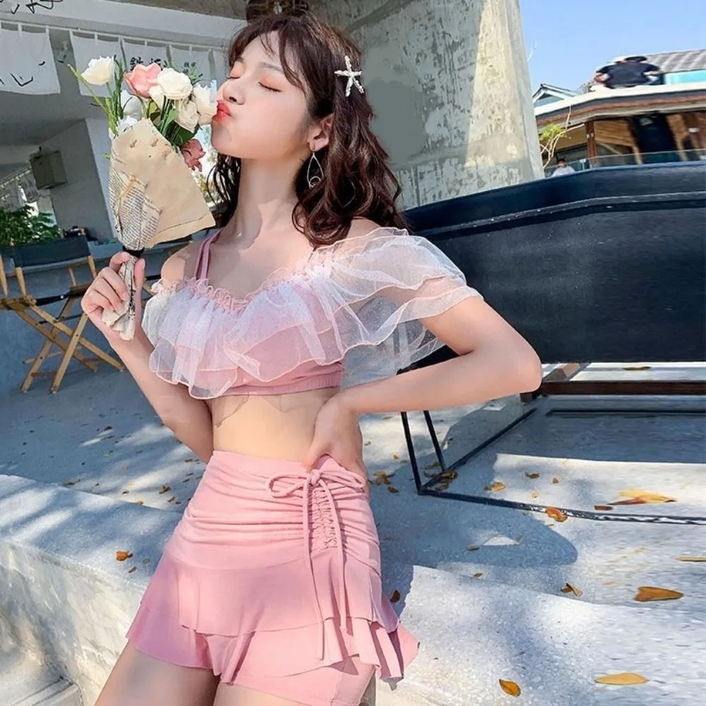 Süßer Slim-Fit-Badeanzug mit A-Linien-Rock, Puff-Rüschen, schulterfrei, Spitze, Rüschen, Badeanzug, Strandmode, zweiteiliges Set, Bademode für Damen