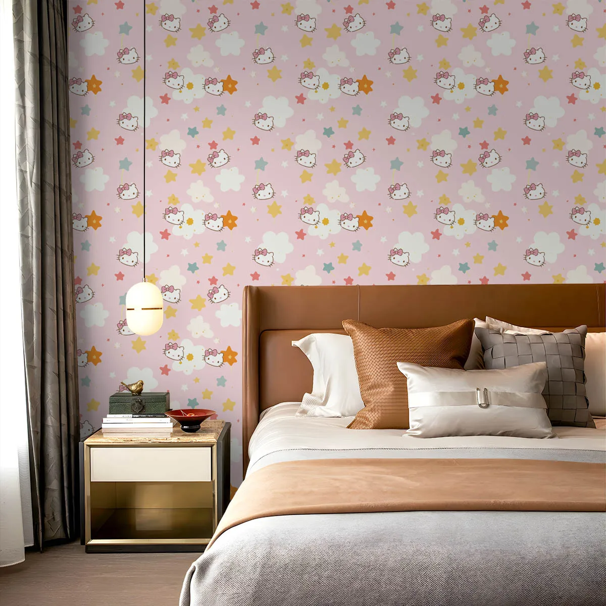 

Розовые обои с мультяшным котом, наклейки и отклеивающиеся обои с милым котенком, облаком и звездой для детской комнаты, игровая комната, обои с животными для детской комнаты