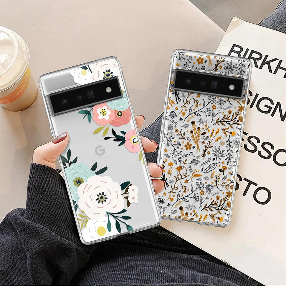 Floral Phone Case for Google Pixel 7a 7Pro 7 6a 6 6Pro 5 5a 5G 4XL 4 2 3XL 3 3a 3aXL 4a Transparent Soft TPU Back Cover Carcasa