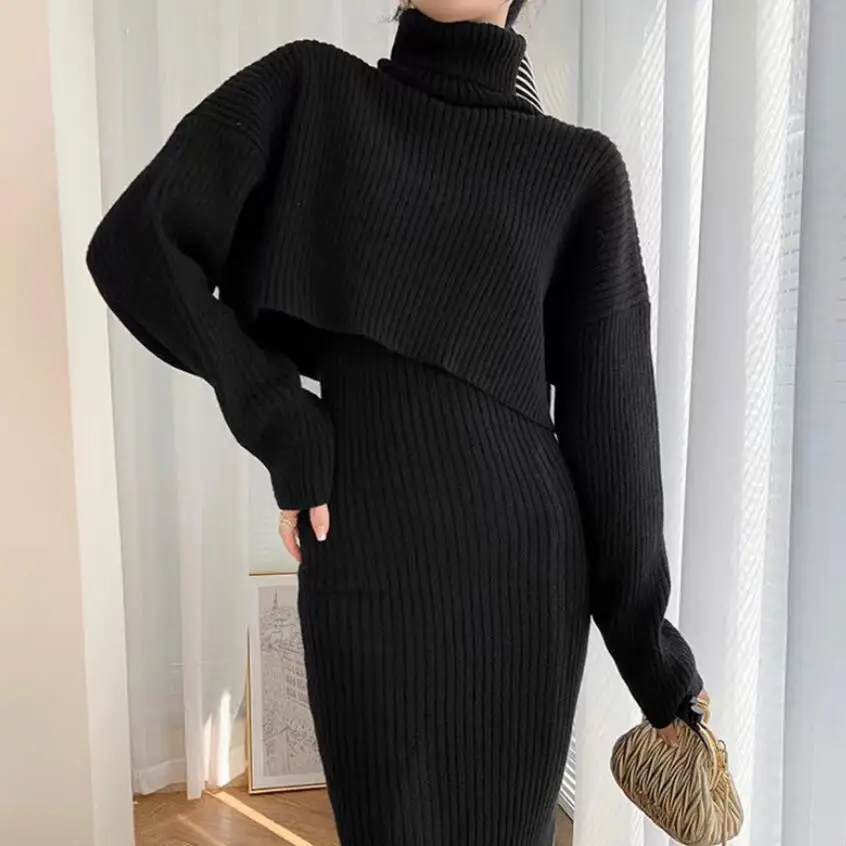 New Autumn/Winter Fashion Long Sleeved High Neck Knitted Solid Color Slim Fit Sweater + Dress Set For Women,4 Colors