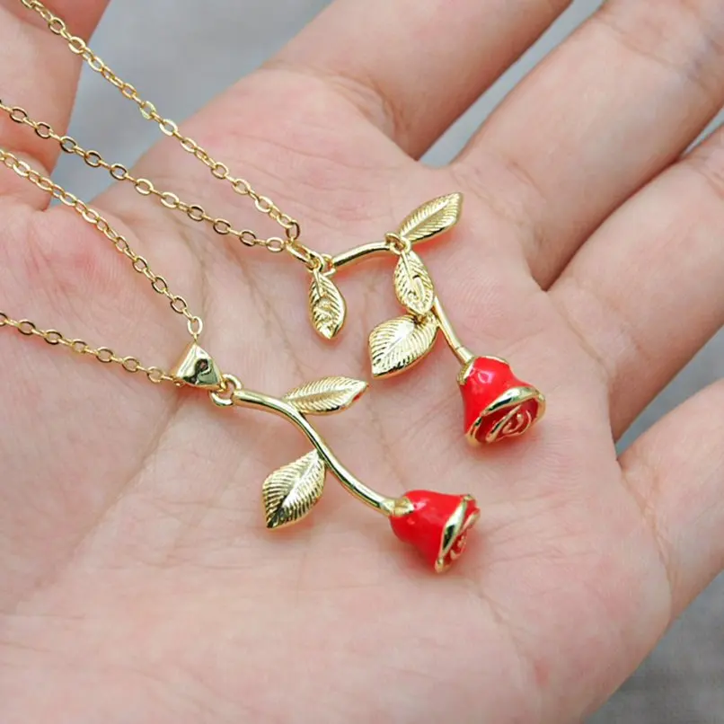 

Copper Rose Flowers Plant Enamel Gold Color Chain Necklace 18+2inch Jewelry Special Gift For Women