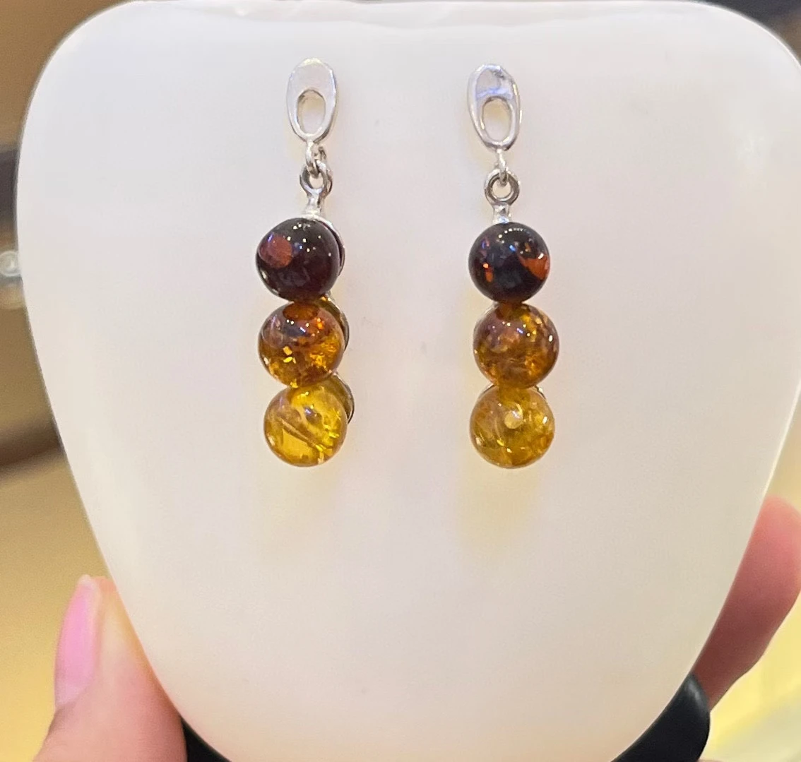 

Сертифицированные серьги-подвески из серебра 925 пробы с натуральным янтарем и бисером, трехцветные висячие серьги, красные/желтые/цветные ювелирные изделия из бурштина