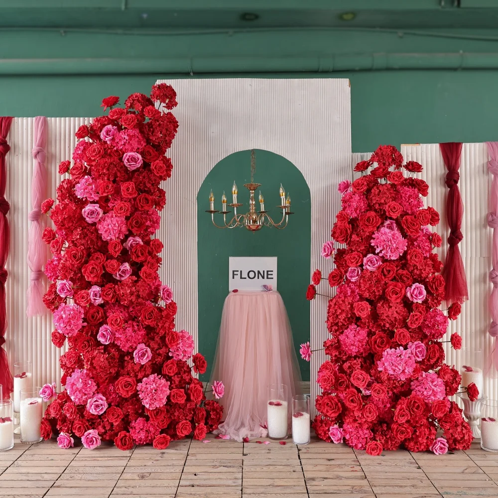 

Luxury Red Series Artificial Rose Hydrangea Flower Arrangement for Wedding Event Kt Board Backdrop Decoration Customized HY3094