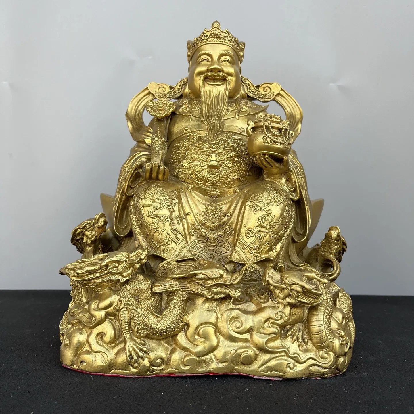 

16"Tibetan Temple Collection Old Brass Nine Dragon Tattoos God of wealth Yuanbao Coin Immortal Amass wealth Worship Hall