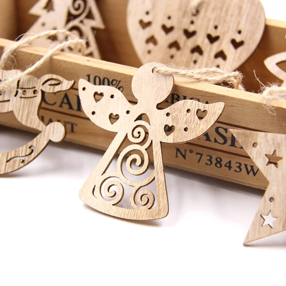 12PCS/Box Wooden Christmas Pendants Hollow Tree/Star/Angel Hanging Ornaments for Xmas Tree Decorations Kids DIY Painting Crafts