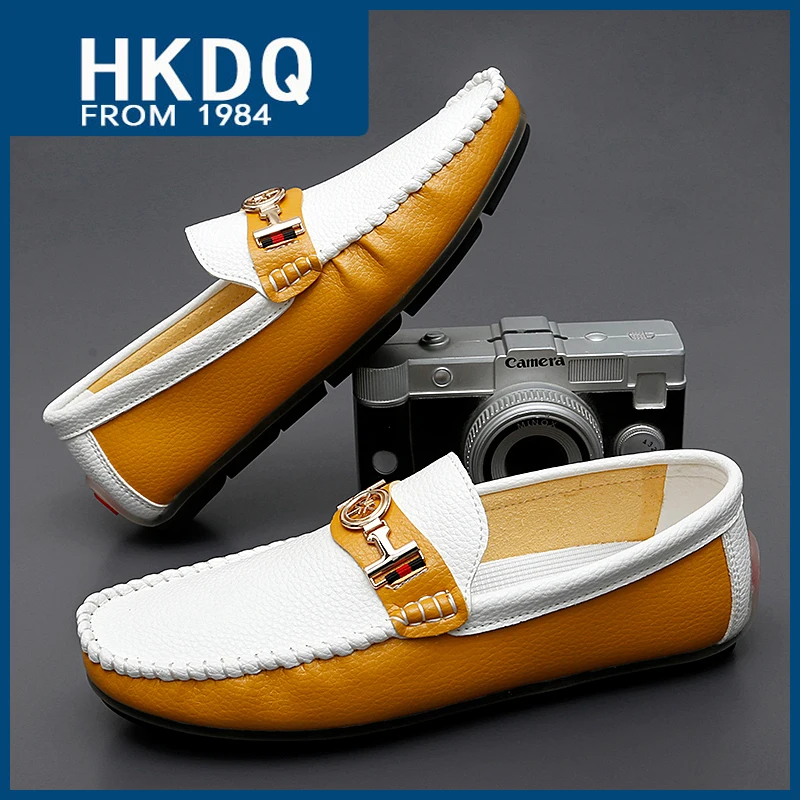 HKDQ Big Size 39-47 Fashion Men's Leather Shoes Lightweight Non-slip Casual Loafers Men Soft Comfortable Slip-on Boat Shoes Man