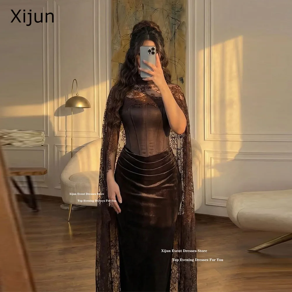 Xijun Luxury Brown Evening Dresses Lace Shawl Pleated Mermaid Prom Dresses Sleeveless Velvet Formal Dubai Prom Gowns Customized