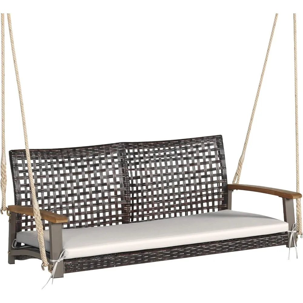 2 Person PE Wicker Porch Swing Bench, Outdoor Hanging Swing with Soft Seat Cushion and Hanging Ropes